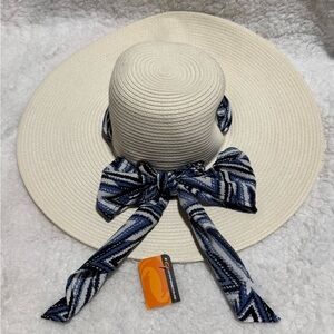 Elegant Cream Wide-Brim Hat with Blue Patterned Bow